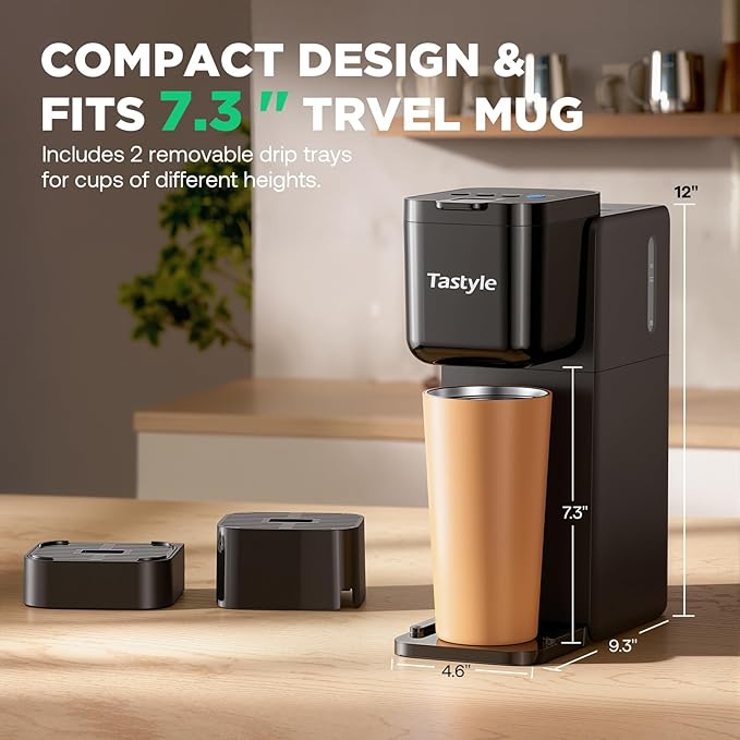 Tastyle Single Serve Coffee Maker Hot and Iced with Bold Brew, Small Coffee Machine for K Cup and Ground, Fits 7.3'' Travel Mug, Brews up to 16 Oz, 5 Cup Sizes, for Office, RV& Hotel, Elegant Black