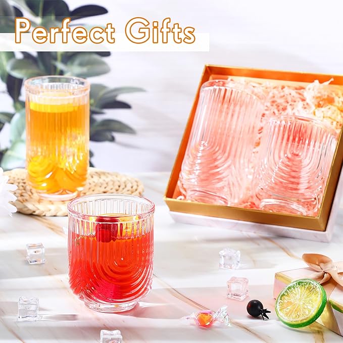 Vesici 8 Pieces Drinking Glasses Cocktail Glasses Arch Design Highball Ribbed Glassware Vintage Cups Ripple Aesthetic Tumblers for Whiskey Water Beverages Ice Coffee Juice Milk, 14 oz and 12 oz