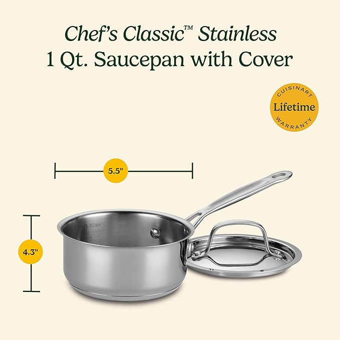 Cuisinart 1 Quart Saucepan w/Cover, Chef's Classic Stainless Steel Cookware Collection, 719-14