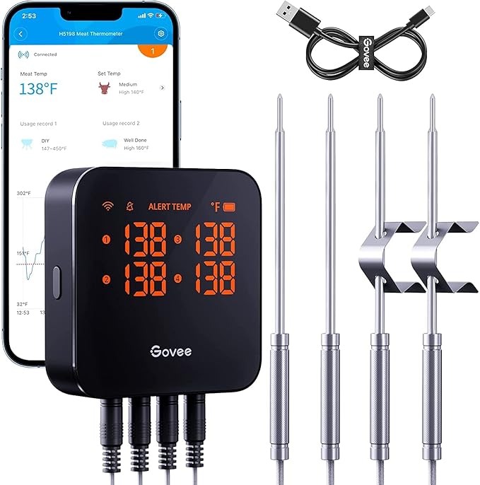 Govee WiFi Meat Thermometer with 4 Probe, Smart Wireless Meat Thermometer with Unlimited Range App Notification Alert, Digital Rechargeable Bluetooth Food Thermometer for Smoker BBQ Grill Oven Kitchen
