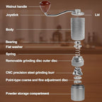 Manual Coffee Grinder Gift Box Detachable Stainless Steel Conical Burr Aluminum Coffee Bean Grinder with 25 Grinding Settings Cleaning Brush Grindable Espresso Moka Pot for Camping Silver