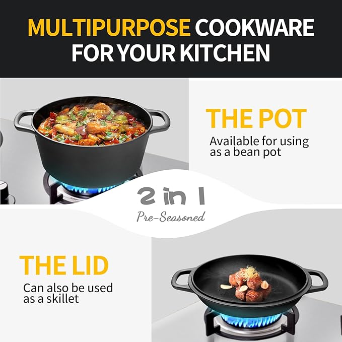 EDGING CASTING 2-in-1 Pre-Seasoned Cast Iron Dutch Oven Pot with Skillet Lid Cooking Pan, Cast Iron Skillet Cookware Pan Set with Dual Handles Indoor Outdoor for Bread, Frying, Baking, Camping, 7QT