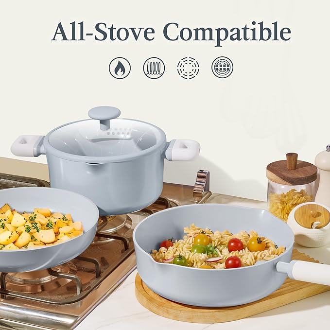 CAROTE Pots and Pans Set Nonstick, Ceramic Cookware Set, Blue Cooking Set Kitchen Induction Set with Steamer, PFAS PTFE Free,9 Piece