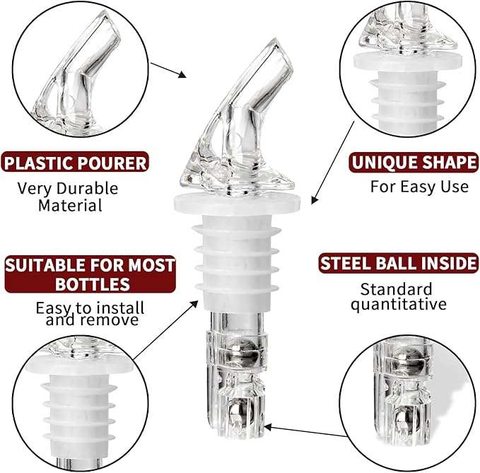SuproBarware Automatic Measured Bottle Pourer 1.5oz - Quick Shot Spirit Measure Pourer Drinks Wine Cocktail Dispenser Home Bar Tools (4 pack ringless)