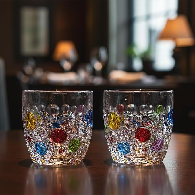 Handmade Crystal Water Glasses, So Cute, Colored Beaded, Set of 6, Bubble Design, 11oz Modern Hobnail Drinking Glasses, for Water,Whiskey, Wine, Beer,Juice,Cocktail,Coffee, Champagne, Gift