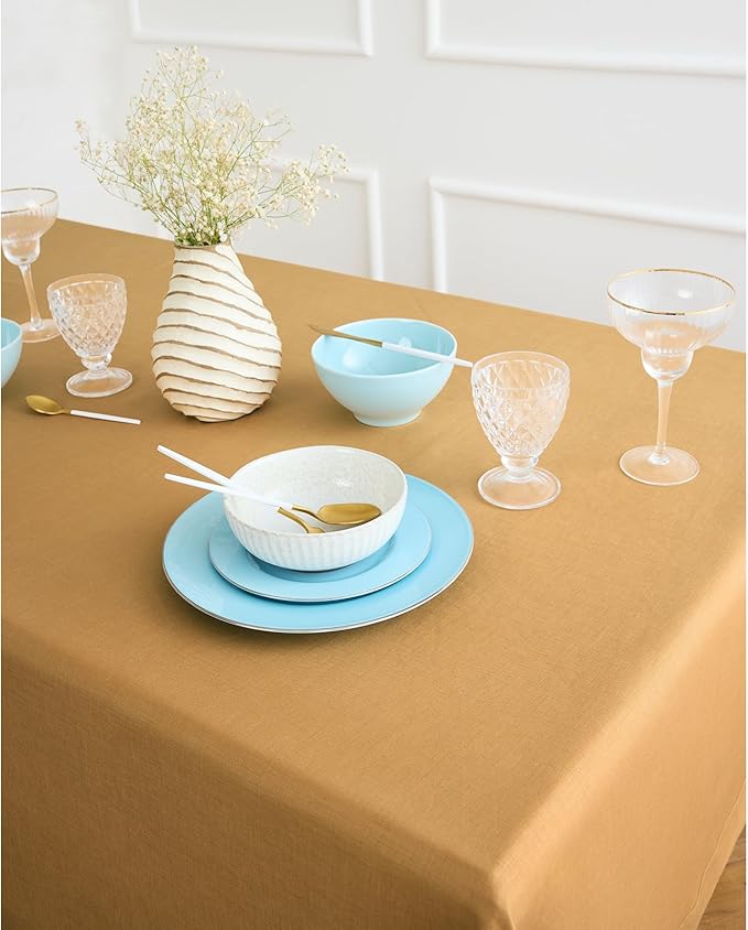 Solino Home Linen Tablecloth for Rectangle Tables 60 x 90 Inch - 100% Pure Linen Caramel Table Cloth - Fete, Machine Washable Cloth Tablecloth