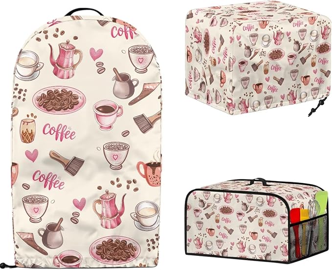 Pink Coffee Theme Kitchen Appliance Covers Set Toaster Cover 2 Slice Food Processor Hood Crock Pot Dust Cover with Side Pockets Machine Washable 3PCS