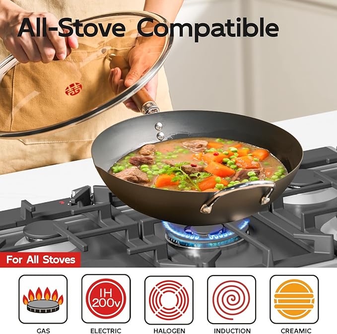 WANGYUANJI 13.4" Flat-Bottom Iron Wok with Glass Lid, Uncoated Stir-Fry Pan, Fast-Heating Refined Iron, Induction/Gas/Electric Compatible, Wooden Handle & Helper Ring (Seasoning Required)
