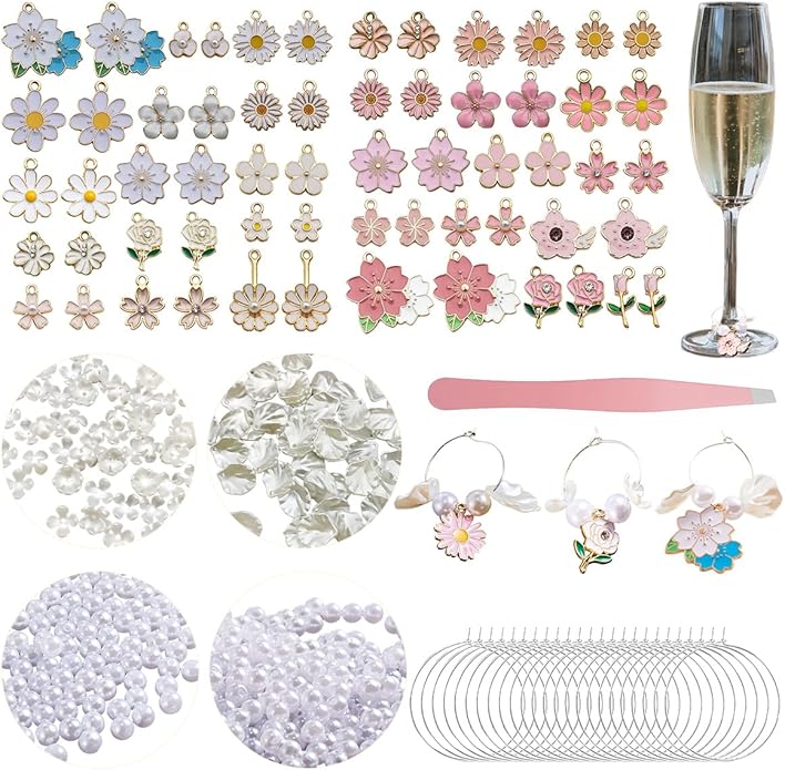 50 Sets Wine Glass Charms, Wine Charms for Stem Glasses, DIY Reusable Drink Markers for Weddings & Bachelorette with Alphabet Beads