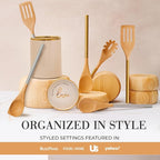 STYLED SETTINGS Beige Utensil holder - Large Ceramic Utensil Crock for Kitchen Counter – Stylish Cooking Utensil Storage & Gold Spoon Rest – Kitchen Organization & Farmhouse Décor