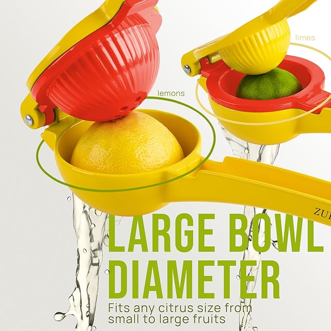 Zulay Kitchen Metal 2-in-1 Lemon Squeezer - Sturdy Max Extraction Hand Juicer Lemon Squeezer Gets Every Last Drop - Easy to Clean Manual Citrus Juicer - Easy-Use Lemon Juicer Squeezer - Yellow/Red