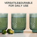 JOVGANK Green Vintage Glassware Set of 6-14Oz Green Water Drinking Glass, Art Deco Ripple Highball Glass, Whiskey Cocktail Glasses, for Bar Ice Coffee Juice, Housewarming Gifts and Mother's Day Gift