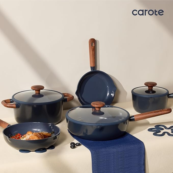 CAROTE 21pcs Cookware Set Nonstick Pots and Pans Set, Ceramic Cookware Set Induction Cookware, Non toxic Healthy Non Stick Kitchen Cooking Set, PFAS PTFE Free, Blue