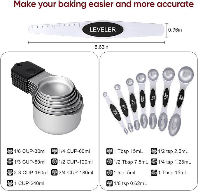Magnetic Measuring Cups & Spoons Set|304 Stainless Steel Dual Scale Set of 15, Strong N52 Magnetic Nesting Design with Leveler, for Dry&Liquid Ingredients, Dishwasher Safe(Black)