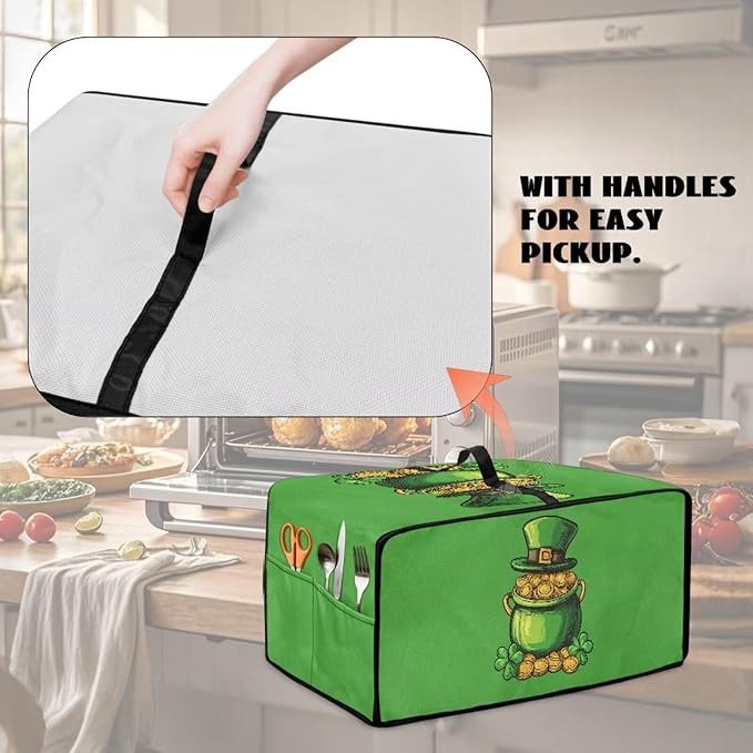 Clover Top Hat Gold Lucky Coin Print Toaster Oven Cover for St. Patrick's Day Decor, Microwave Cover for Kitchen Countertop Appliance Dust Protector Decorative Oven Accessories, Green, S