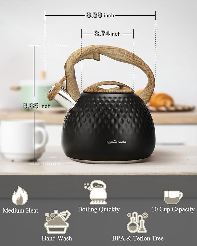 Hauce Radio Tea Kettle Stovetop,2.5QT Stainless Steel Whistling Teapot for Stove Top Aesthetic,Portable Water Kettles Camping with Anti-hot Silicone Handle,Suitable for All Heat Sources,Black