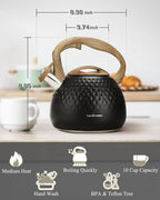 Hauce Radio Tea Kettle Stovetop,2.5QT Stainless Steel Whistling Teapot for Stove Top Aesthetic,Portable Water Kettles Camping with Anti-hot Silicone Handle,Suitable for All Heat Sources,Black