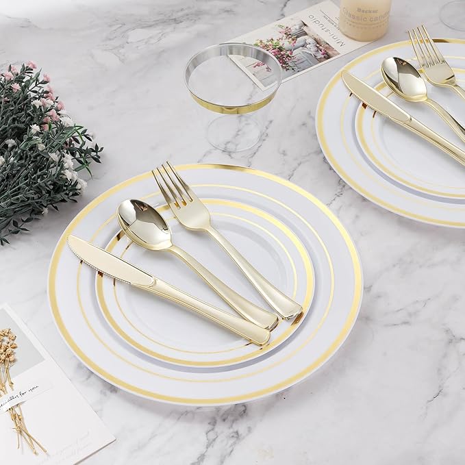 BESTVIP 900PCS Gold Dinnerware Set for 150 Guests, Plastic Plates for Party, 150 Gold Disposable Plates, 150 Dessert Plates, 150 Cups, 150 Spoons, 150 Forks and 150 Knives
