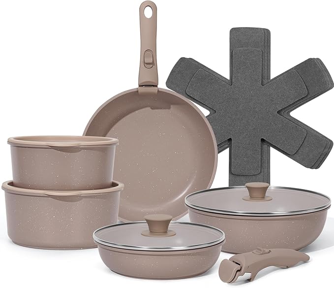 SODAY 15Pcs Pots and Pans Set Non Stick, Cookware Sets with Detachable Handle, Nonstick RV Kitchen Cooking Tools Removable Handles, Oven Safe, Induction Fast, Stackable Induction Cookware, Brown