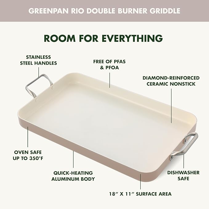 GreenPan 18" x 11" Double Burner Griddle Pan, Hard Anodized Healthy Ceramic Nonstick PFAS-Free, Stainless Steel Handles, Stovetop Cooking, Dishwasher Safe, Oven & Broiler Safe Cookware, Taupe