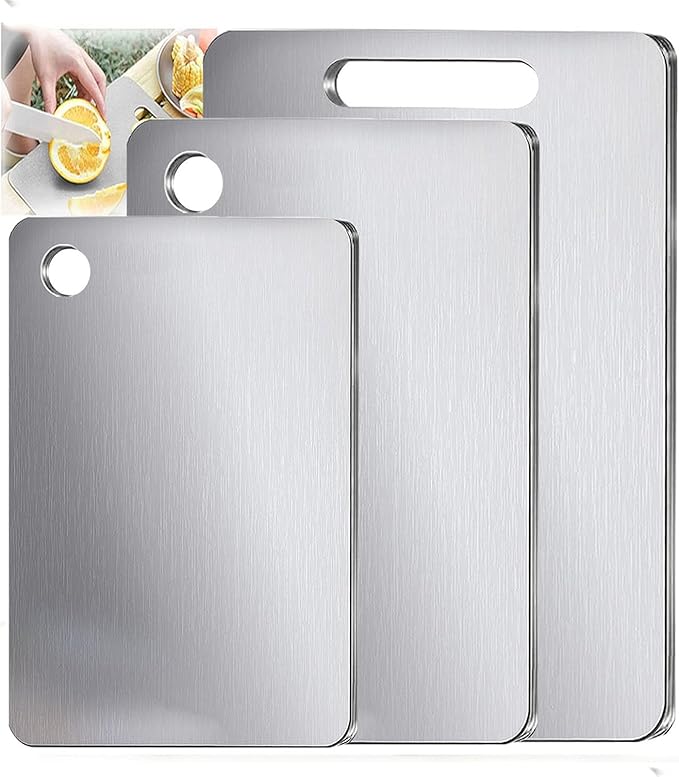 100% Pure Titanium Cutting Board Set of 3, Food-Grade Titanium Cutting Boards for Kitchen Dishwasher Safe, Double-Sided Metal Charcuterie Chopping Board Mat for Meat, Cheese & Fruit (M+L+XL)