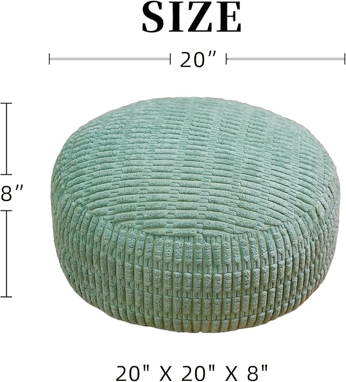 Unstuffed Pouf Ottoman Cover Soft Storage Extra Seat Farmhouse Comfortable Bohemian Poufs Accent Footrest 20x20x8 Inches for Living Room Bedroom Study Nook (Green, Round)