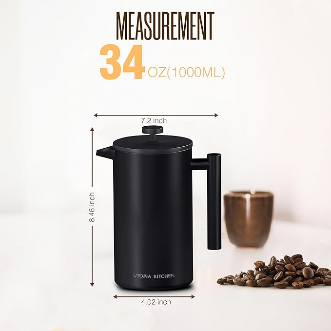 Utopia Kitchen 304 Grade Stainless Steel French Press Coffee Maker 34 Oz, Double Wall Insulated Coffee Press with 4-Level Filtration system, Include 2 Extra Filters, Rust-Free, Black