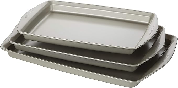 Rachael Ray Nonstick Bakeware Set without Grips includes Nonstick Cookie Sheets / Baking Sheets - 3 Piece, Silver