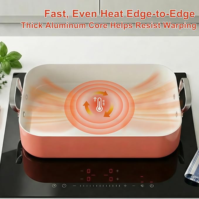 Double Burner griddle Pan,griddle pan for stove top & Oven,15.6x10.8 Ceramic Nonstick stovetop griddle,PFAS-Free,Induction Ready,Stainless Handles,Oven Safe 428°F,4.8QT，Terracotta Red