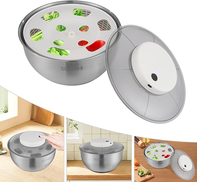 Electric Vegetable Dryer, Electric Salad Spinner Small Salad Spinner with USB Cable & Battery Indicator & Draining Basket in Kitchens 5.12 x 6.30 Inch(D*H) (Stainless Steel)