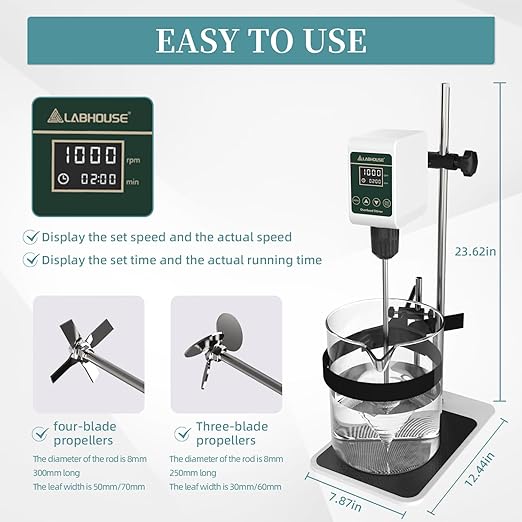 OS-5S Digital Overhead Stirrer 10L(H₂O) Lab Stirrer Flat-Base Stainless Steel Stand & 2 Stirring Paddles & Beaker Holder | 100-1200RPM,10000 mPas,Timing 1min-24h