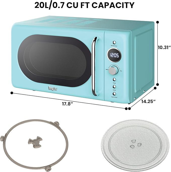 Total Chef Retro Microwave Oven | 20L / 0.7 Cu Ft | Quick Start & Defrost By Weight/Time | 8 Pre-set Cooking Modes For Coffee, Rice, Pasta, Potato, Reheat, Fish, Pizza, Popcorn | 700W | Blue