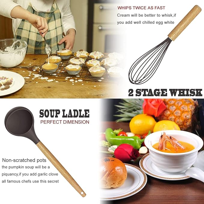 Cooking Utensils Set- 35 PCs Kitchen Utensils with Grater,Tongs, Spoon Spatula &Turner Made of Heat Resistant Food Grade Silicone and Wooden Handles Kitchen Gadgets Tools Set for Cookware