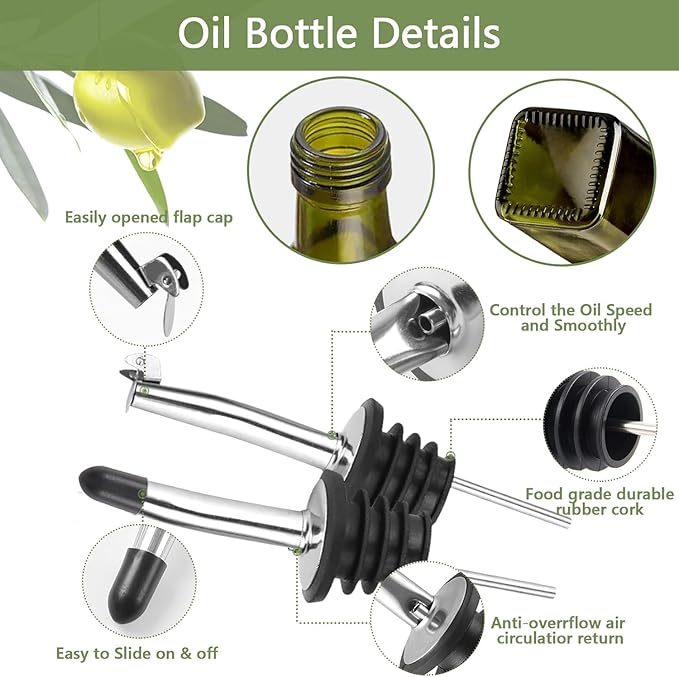 Leaflai 2 Pcs Green Glass Olive Oil Dispenser and Vinegar Dispenser Set with 2 Stainless Steel Pourers, 4 Labels, 1 Brush, 1 Funnel (500ml) for Kitchen, Cooking, Salad Dressing, Barbecue, Mixing