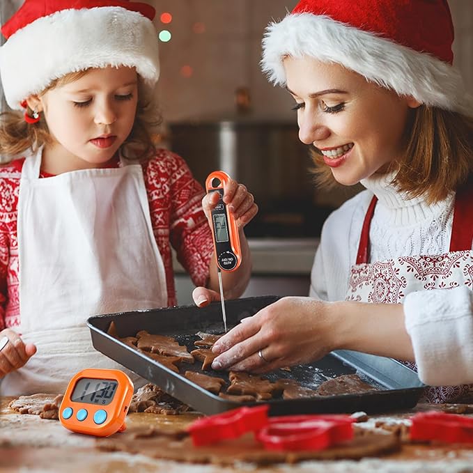 Kingdder 12 Pcs/ 6 Sets Meat Thermometer Digital with Magnetic Kitchen Timer Kit, Fast Instant Read & Waterproof & Foldable Food Thermometer & Kitchen Timer Bulk for Cooking, Grilling, Candy, BBQ