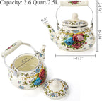Fasmov 2.5L Enamel Teapot, Large Porcelain Enameled Teakettle, Floral Colorful Tea Kettle with Handle for Stovetop, Retro Steel Teapot for Hot Water, No Whistling