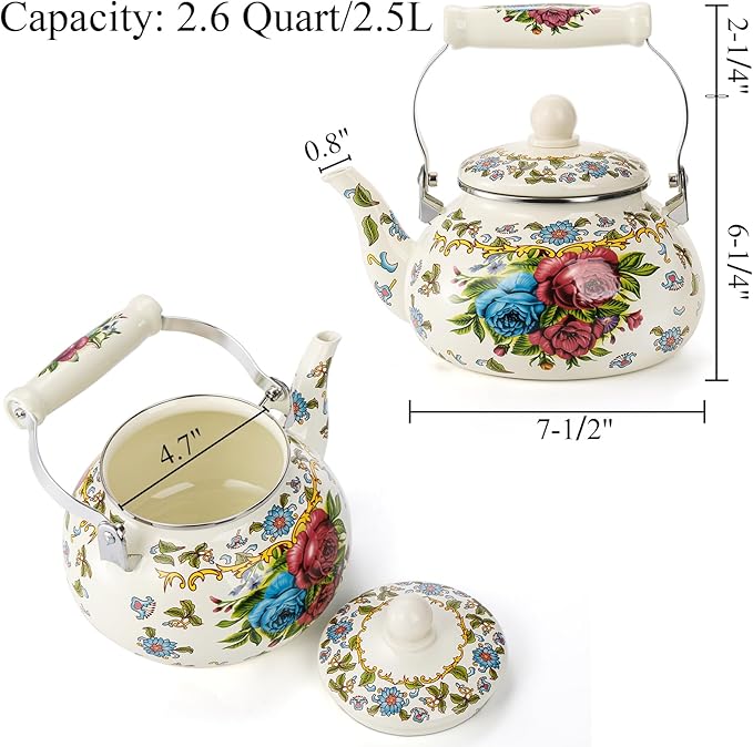 Fasmov 2.5L Enamel Teapot, Large Porcelain Enameled Teakettle, Floral Colorful Tea Kettle with Handle for Stovetop, Retro Steel Teapot for Hot Water, No Whistling