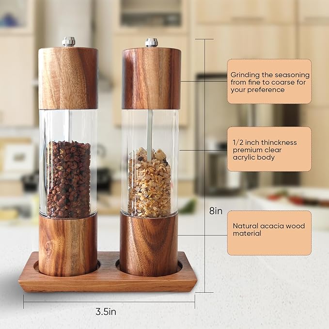 Acrylic Salt and Pepper Grinder Set with Wooden Tray – 8 Inch Manual Pepper Mill & Salt Shaker, Adjustable Ceramic Core, Vintage Gold & Wood Finish, 2-Pack for Kitchen, BBQ, Home Gift
