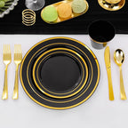 WELLIFE 300 PCS Black and Gold Dinnerware Set for 50 Guests, Disposable Plastic Plates for Party, Gold rimmed Plastic Dinner Plates,Salad Plates,Cups,Silverware Set for Halloween Party Supplies