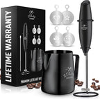 Zulay Premium Gift Milk Frother Set – Handheld Coffee Frother with Stand, 12oz/350ml Frothing Pitcher + 4 Latte Art Stencils – 13,000 RPM Motor, SS Whisk, Battery Operated – Barista Kit (Exec Black)