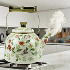 Vintage Enamel Tea Kettle, Fragrant Flowers Pattern Stovetop Teapot with Gold Handle, 2.5L Enamel Kettle Kitchen Decor, Ideal Gift for Housewarming Camping Coffee Pot