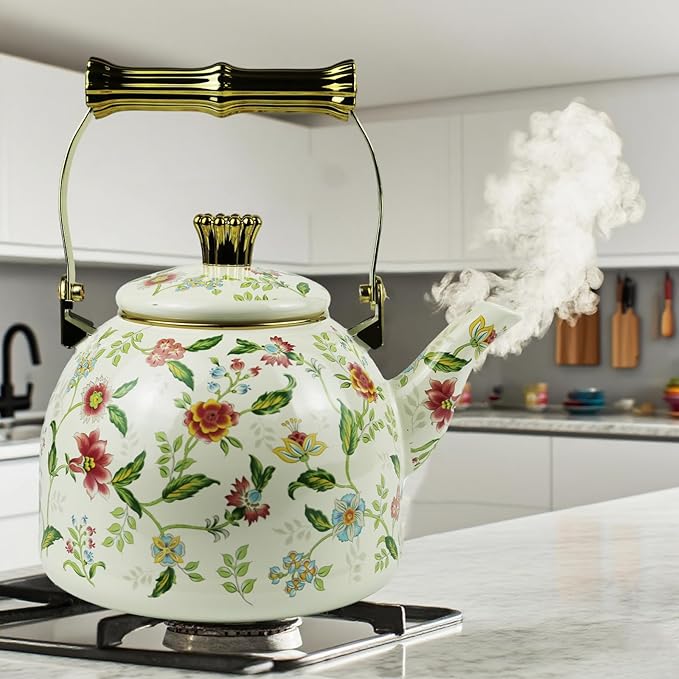 Vintage Enamel Tea Kettle, Fragrant Flowers Pattern Stovetop Teapot with Gold Handle, 2.5L Enamel Kettle Kitchen Decor, Ideal Gift for Housewarming Camping Coffee Pot