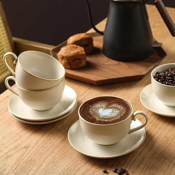 12Oz Coffee Cups with Saucers, Ceramic Espresso Cup Set of 4, Cappuccino Cups Set, Tea Mugs and Saucer, Microwave Dishwasher Safe Drinkware for Home, Cafe, Housewarming Gifts