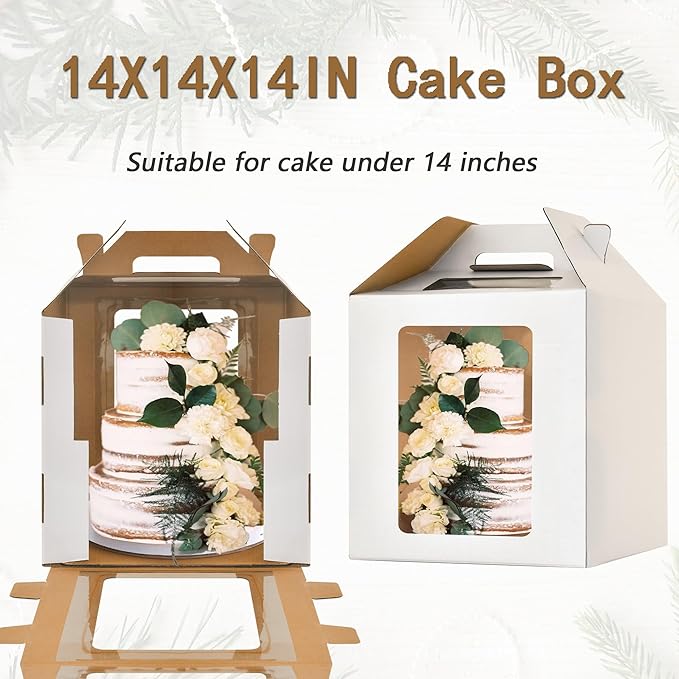14x14x14 Inch Tall Cake Boxes for Tier Cakes,3pack Large Tiered Cake Boxes with windows, 12in 14in Sturdy Layer Cake Carrier,Disposable Cake Containers