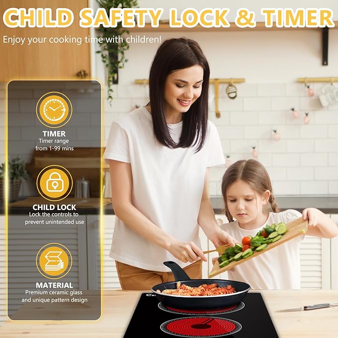 2 Burner Electric Cooktop, 12 Inch Electric Stove Top with 9 Power Levels, Touch Control, Timer, Child Lock and Residual Heat Warning, Ideal for Countertop & Built-In Use (110-120V)