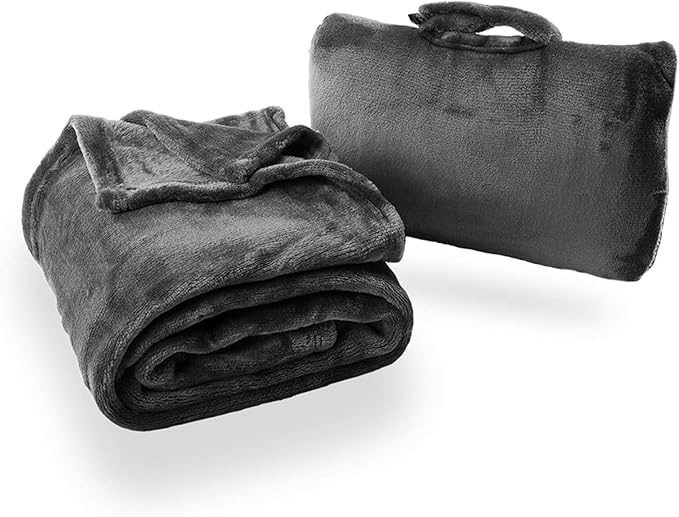 Cabeau Fold ‘n Go Travel and Throw Blanket Plus Compact Case - for Home and Travel - Doubles as Lumbar Pillow and Neck Support Pillow - French Microfiber Comfort - Charcoal