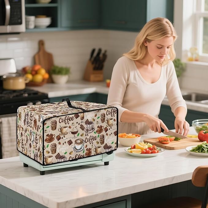 Coffee Chocolate Cake Print Toaster Oven Cover with Top Handle, Heavy Duty Dust-proof Microwave Oven Cover Compatible with Most Toasters Ovens (Large-14.5 * 18.46 * 9 inches)
