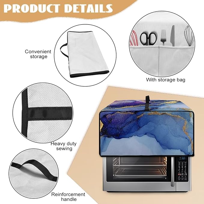 Marble Print Toaster Oven Dust Cover, Heavy Duty Heat-Resistant Cover for Kitchen Counter Small Appliances, with Accessory Pockets, Blue Violet Gold, (Medium-16.1*19.71*10 inches)