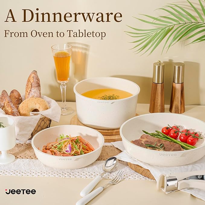 JEETEE Pots and Pans Set Non Stick 17pcs, Kitchen Cookware Sets with Detachable Handle, Induction Nonstick Cookware Set with Removable Handle, Stackable RV Cookware, Oven Safe, PFAS/PFOA Free, Beige