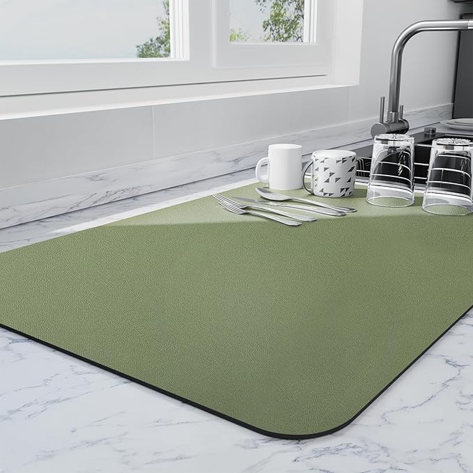 Ecotrim - Dish Drying Mat for Kitchen Counter | Coffee Bar Mat for Countertops | Heat Resistant Drainer Mat with Non-slip Rubber Backed | Hide Stain Kitchen Absorbent Draining Mat | Green 18"x32"
